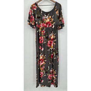 Sweet Lovely Off The Shoulder Maxi Dress Women Small Gray Floral Bell Sleeve
